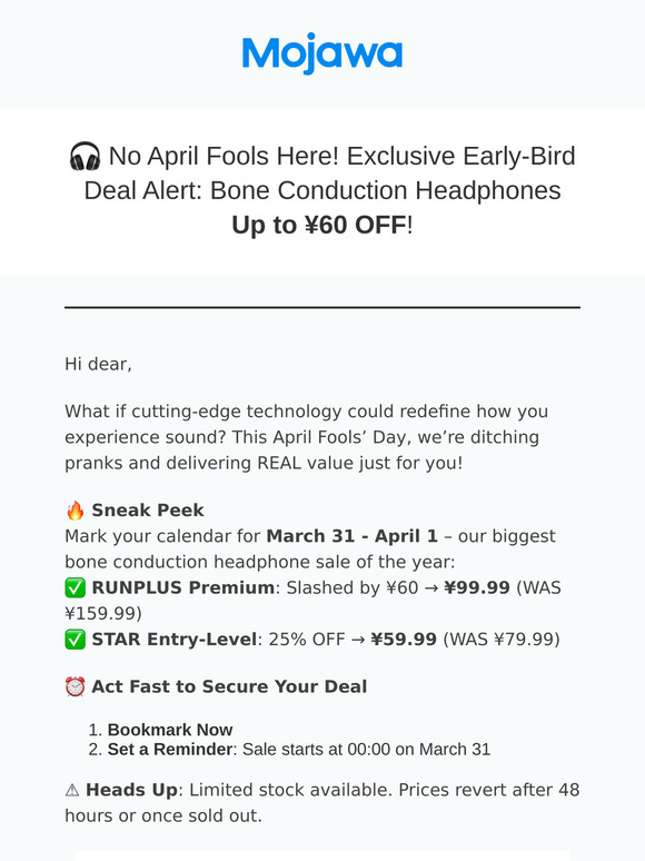🎧 No April Fools Here! Exclusive Early-Bird Deal Alert: Bone Conduction Headphones Up to ¥60 OFF!
