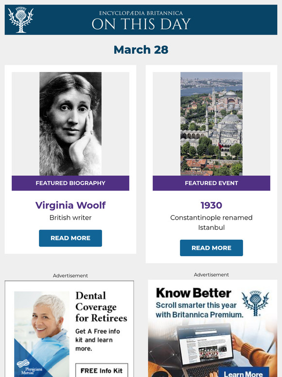 Constantinople renamed Istanbul, Virginia Woolf is featured, and more from Britannica