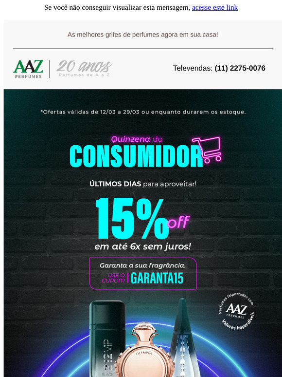 Economize 15% OFF e Garanta Sua Fragrância em até 6x Sem Juros! 🏃🏻‍♀️🏃🏾 Mas Corra, é por Tempo Limitado.