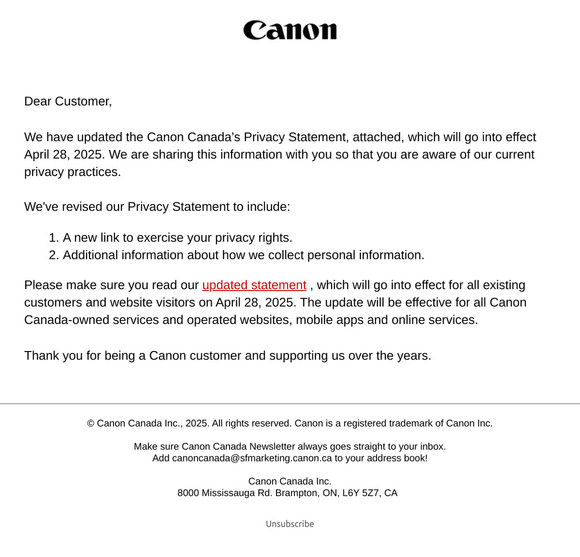 Update to Canon Canada’s Privacy Policy