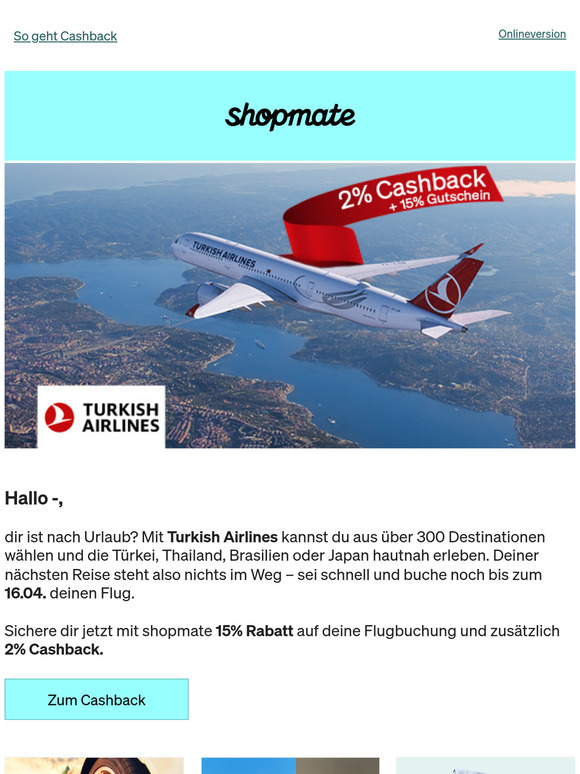 2% Cashback + 15% Gutschein bei Turkish Airlines