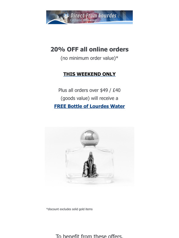 🎁 20% OFF + FREE Bottle of Lourdes Water