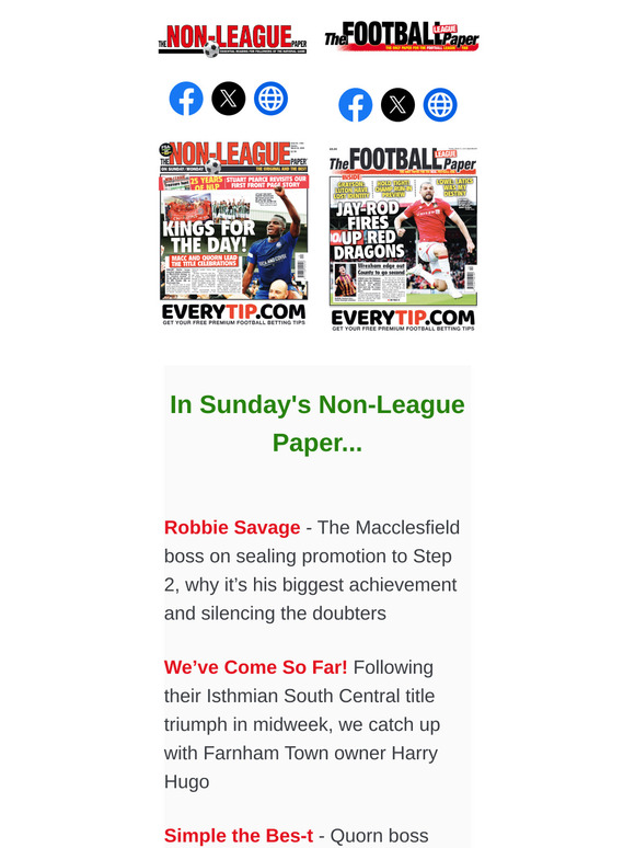 IN SUNDAY'S PAPERS > NLP: Macclesfield boss Robbie Savage on sealing promotion / Braintree Town boss Steve Pitt on their hot National League Form // FLP: Hull's Kyle Joseph on their Championship relegation battle / Gareth Ainsworth quits Shrewsbury to join Gillingham