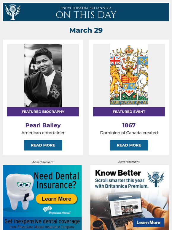 Dominion of Canada created, Pearl Bailey is featured, and more from Britannica