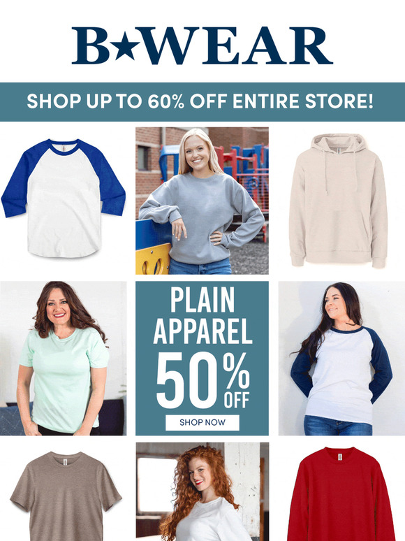 50% Off Plain Apparel!