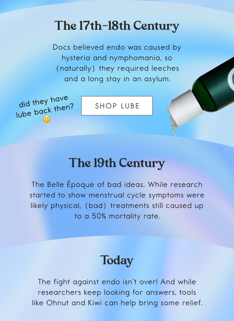 The 17th-18th Century. Docs believed endo was caused by hysteria and nymphomania, so (naturally) they required leeches and a long stay in an asylum. [SHOP LUBE]; The 19th Century. The Belle Époque of bad ideas. While research started to show menstrual cycle symptoms were likely physical, (bad) treatments still caused up to a 50% mortality rate; Today. The fight against endo isn’t over! And while researchers keep looking for answers, tools like Ohnut and Kiwi can help bring some relief.