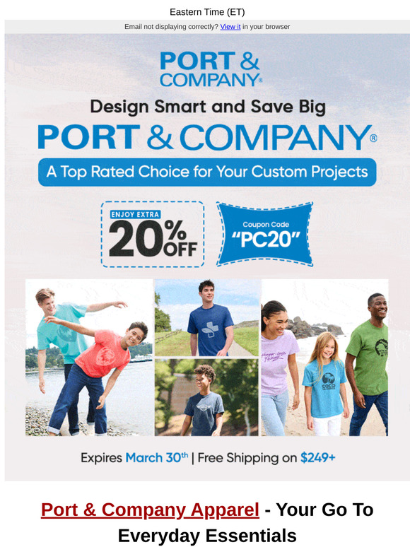20% OFF Port and Company Apparel; Offer Expires on March 30th