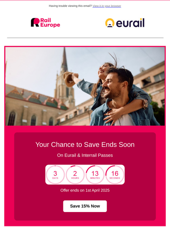 ⏳ Time’s almost up! Save 15% on Eurail & Interrail Passes