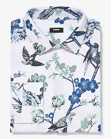 Slim Floral Bird Stretch Modern Tech 1MX Dress Shirt
