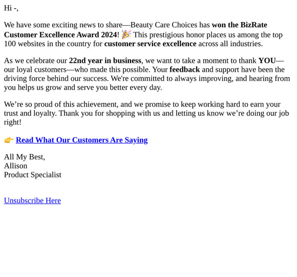 —, We Won the 2024 BizRate Customer Excellence Award!