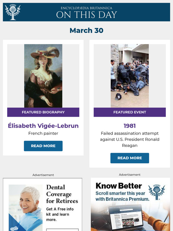 Failed assassination attempt against U.S. President Ronald Reagan, Élisabeth Vigée-Lebrun is featured, and more from Britannica