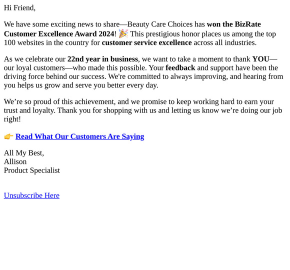Friend, We Won the 2024 BizRate Customer Excellence Award!