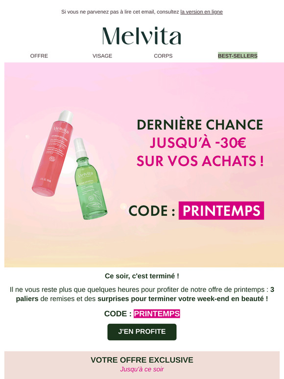 ⏳ DERNIER JOUR : Jusqu'à -30€ sur vos achats !