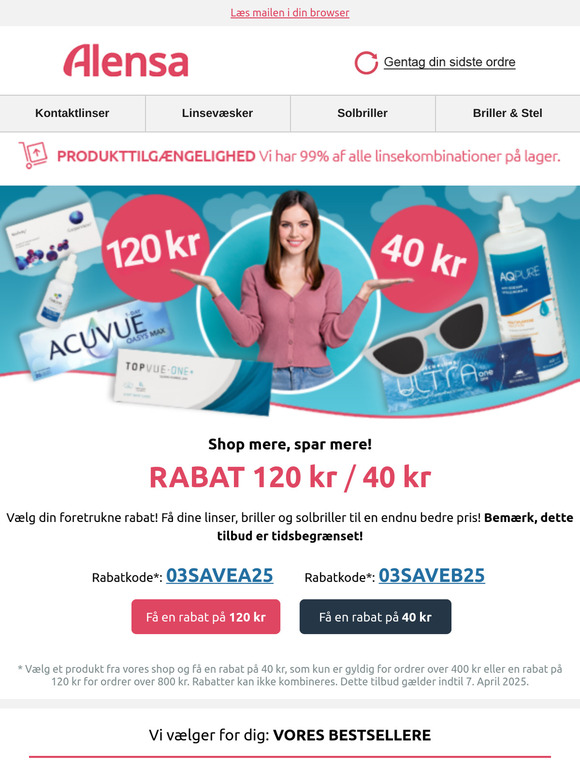 Få en rabat på 120 kr og 40 kr på dit samlede køb.
