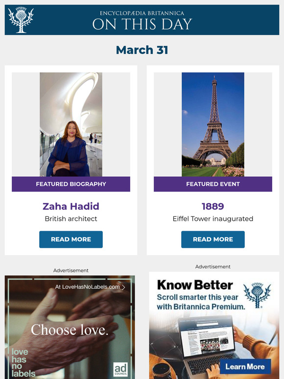 Eiffel Tower inaugurated, Zaha Hadid is featured, and more from Britannica