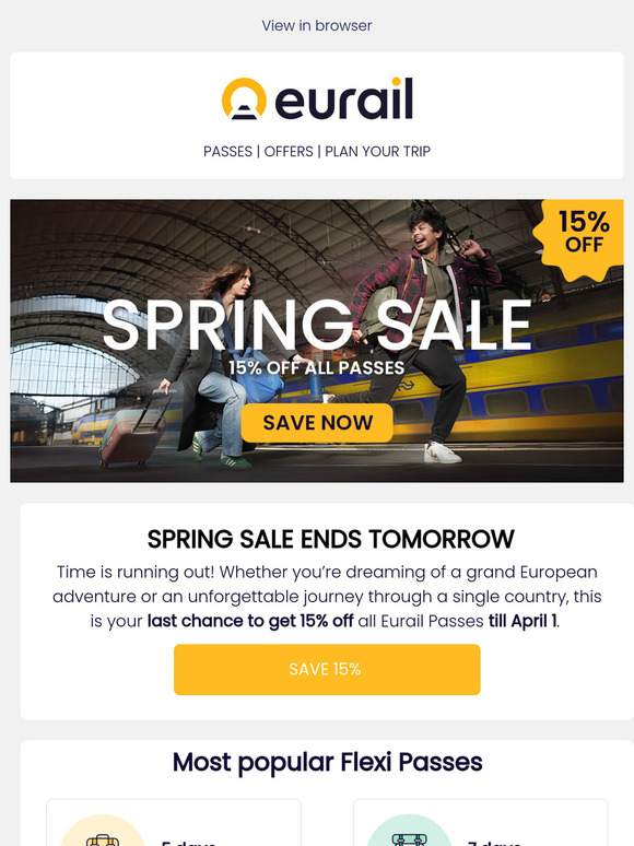 Last chance! 15% off Eurail Passes 🚂