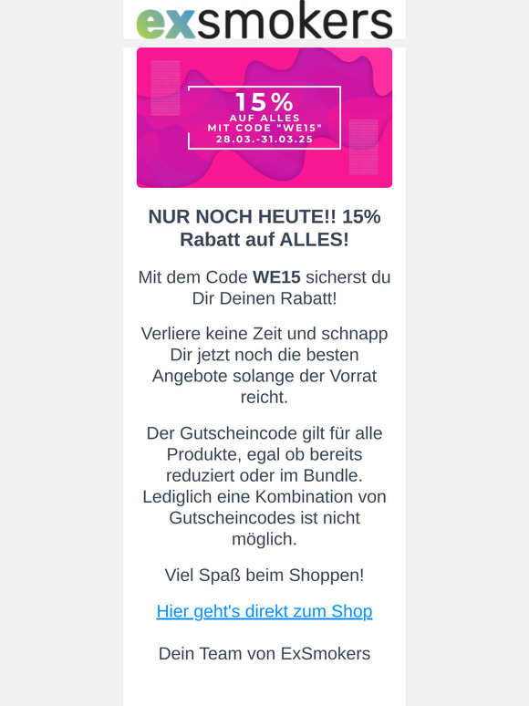 NUR NOCH HEUTE - 15% Rabatt auf ALLES!