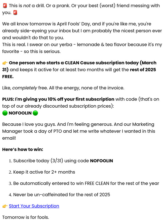 No joke: 10% off + a chance to win FREE CLEAN for a year