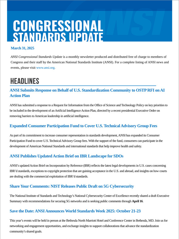 ANSI Congressional Standards Update March 31, 2025