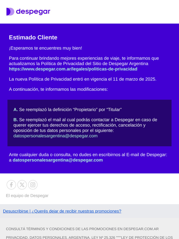 Modificación Política de Privacidad del Sitio Despegar Argentina