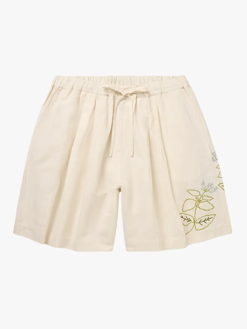 Story MFG Bridge Wide-Leg Embroidered Cotton and Linen-Blend Drawstring Shorts