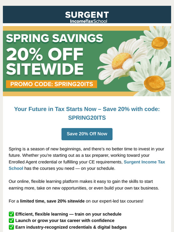 🌸 Spring Savings: 20% Off Tax Courses at Surgent!