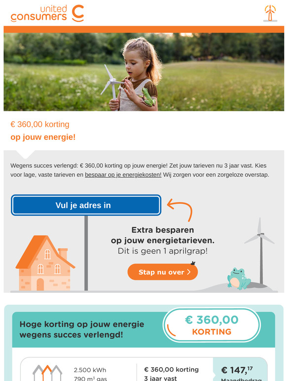Dit is geen grap: E 360,00 korting op jouw energie wegens succes verlengd! Zet jouw tarieven nu 3 jaar vast
