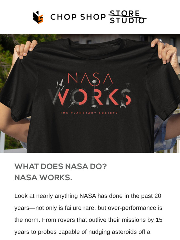 The Official Tee Design from Planetary Society's Day of Action 2025 with the theme: NASA Works | Help us Launch Our Beyond Earth Bed Sheets Featuring 31 Deep Space Missions from Mercury to Pluto