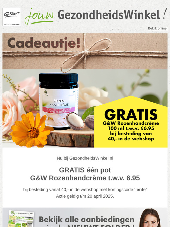 Gratis G&W rozenhandcrème 100ml t.w.v. €6,95 bij besteding van €40,- aan boodschappen!