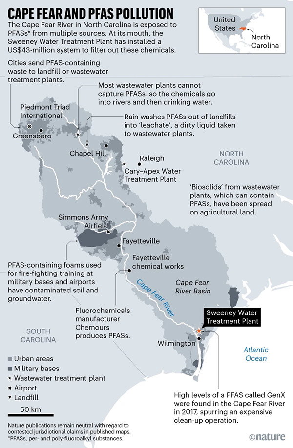 The Sweeney Water Treatment Plant near Wilmington, North Carolina removes PFAS contamination that comes from multiple sources via the Cape Fear River.