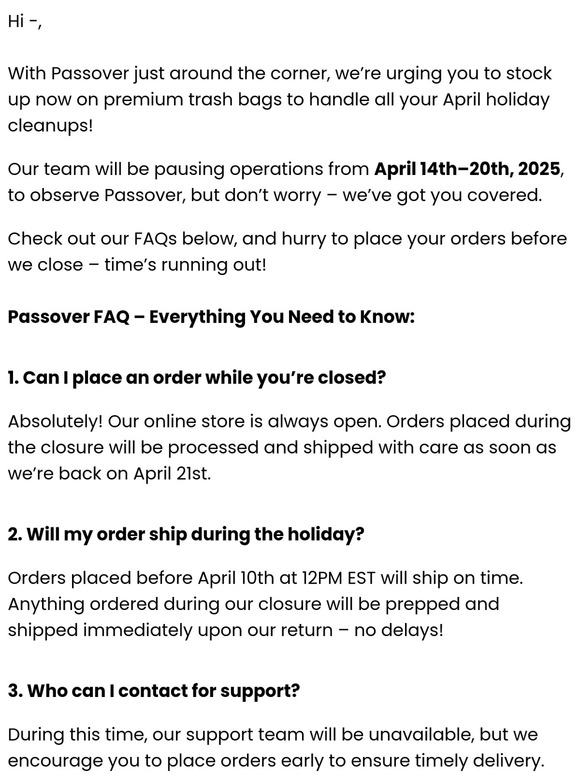 Passover Is Coming - Stock Up Before We Close April 14-20!