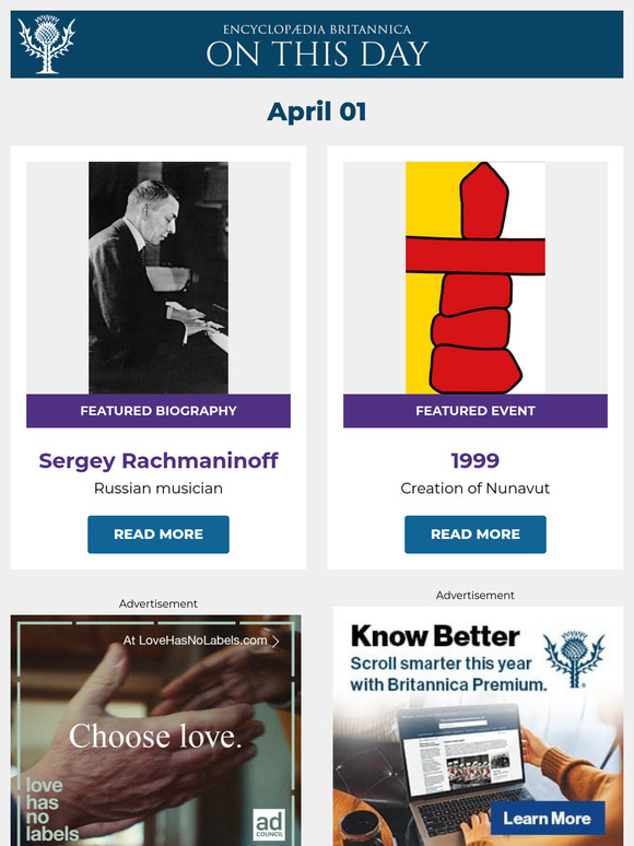 Creation of Nunavut, Sergey Rachmaninoff is featured, and more from Britannica