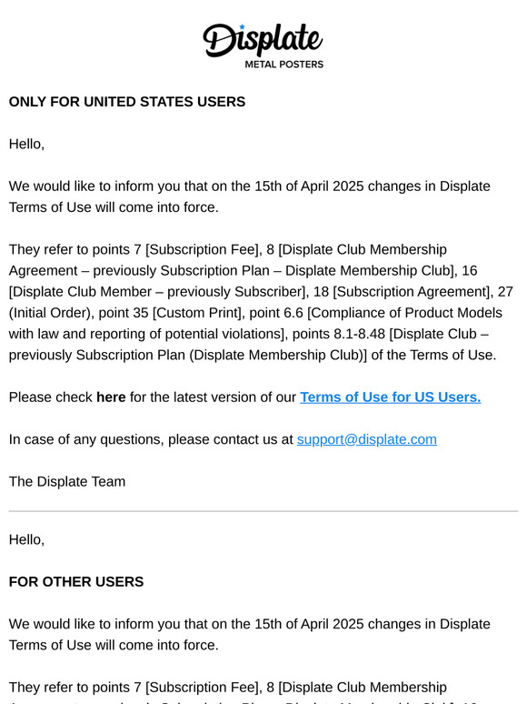 Changes in Displate Terms of Use/Zmiana regulaminu Displate