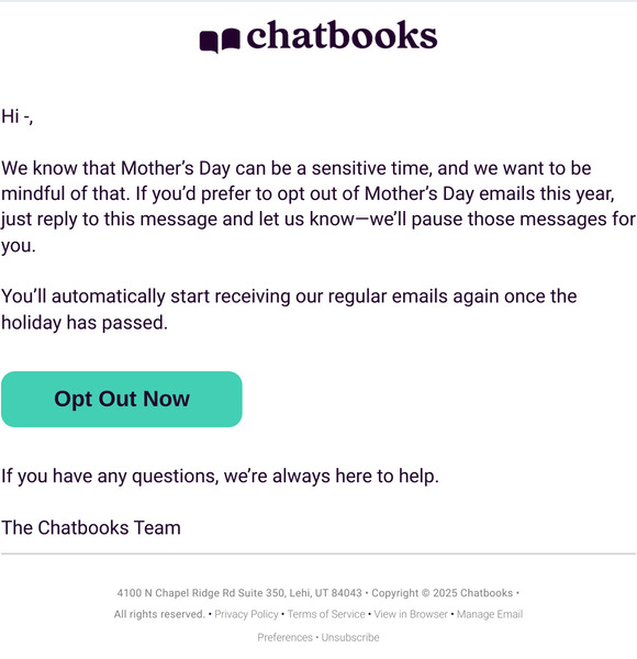 —, You Can Opt Out of Mother's Day Messaging