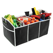 Gift option of a black insulated trunk organizer with handles filled with food