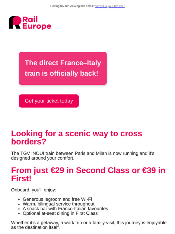The direct France–Italy train is now running 🚄 From just €29!