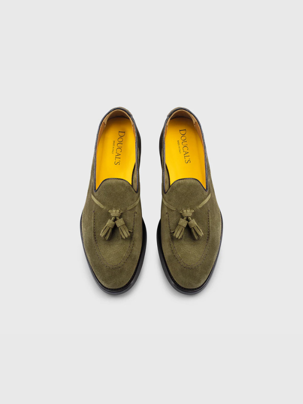 Green suede loafer with tassels