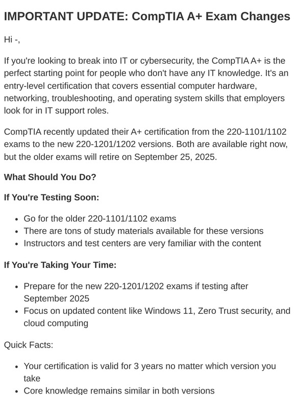 🔒 CompTIA Exam Change