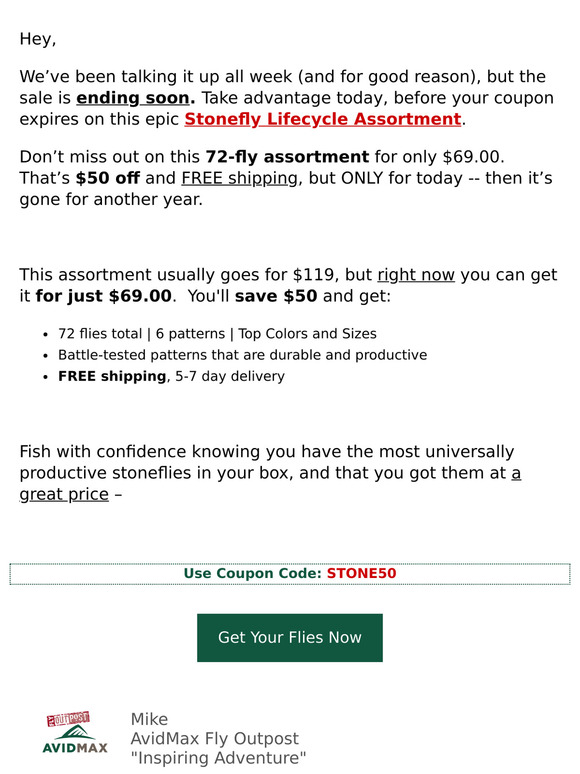 We're closing the stonefly sale soon!