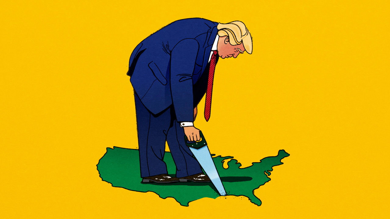 An illustration of Trump carving a U.S.-shaped hole beneath his feet, symbolizing that he may be on the verge of falling in.