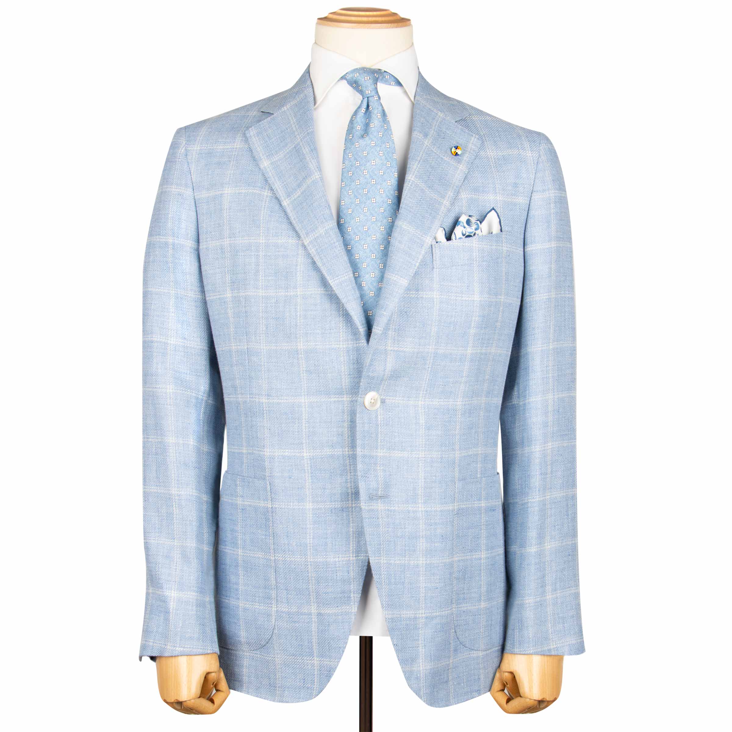 Image of Belvest - Light Blue Check Linen & Wool Unlined Jacket