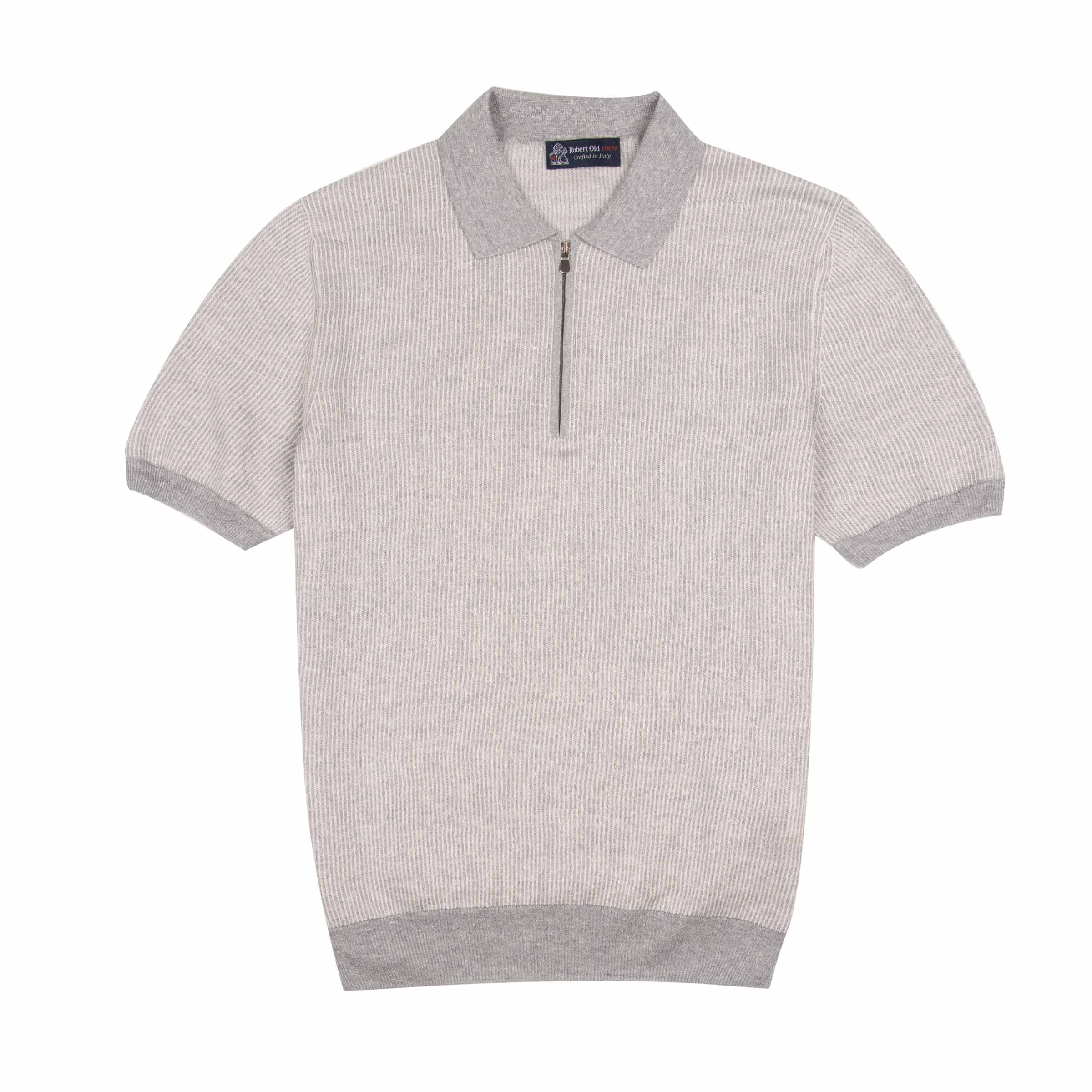 Image of Robert Old - Grey Jacquard Knit Linen & Cotton Zip-Neck 