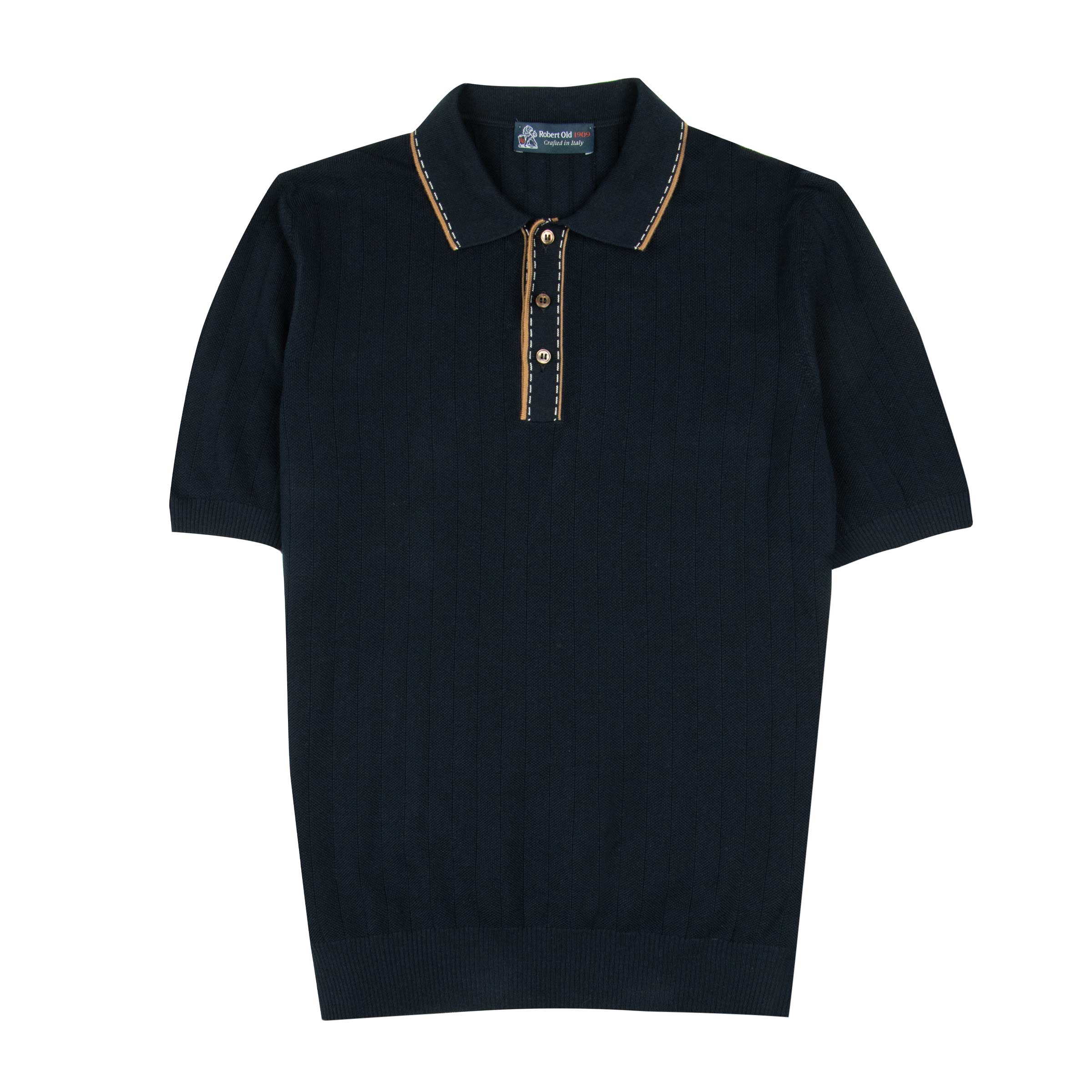 Image of Robert Old - Navy Accented Ribbed Cotton Polo Shirt