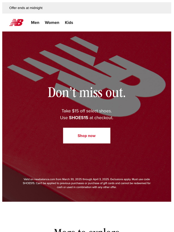 Last day for $15 off select shoes
