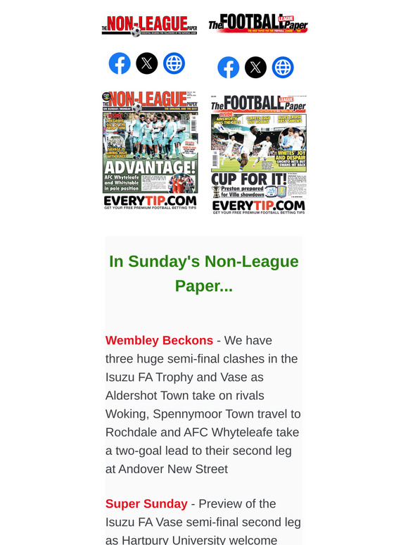 IN SUNDAY'S PAPERS > NLP: Full coverage of the FA Trophy and Vase Semi-Finals / Boston United boss Graham Coughlan on their survival bid // FLP: Big Interview with Sheffield United striker Tyrese Campbell / Chris Dunlavy examines the weight of expectation on Leeds United
