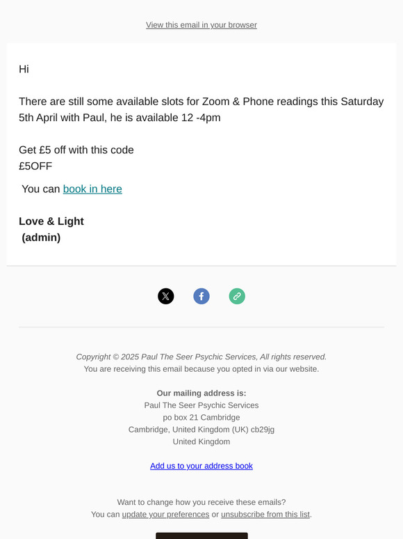 Phone & Zoom Reading Slots Available Saturday  5th April
