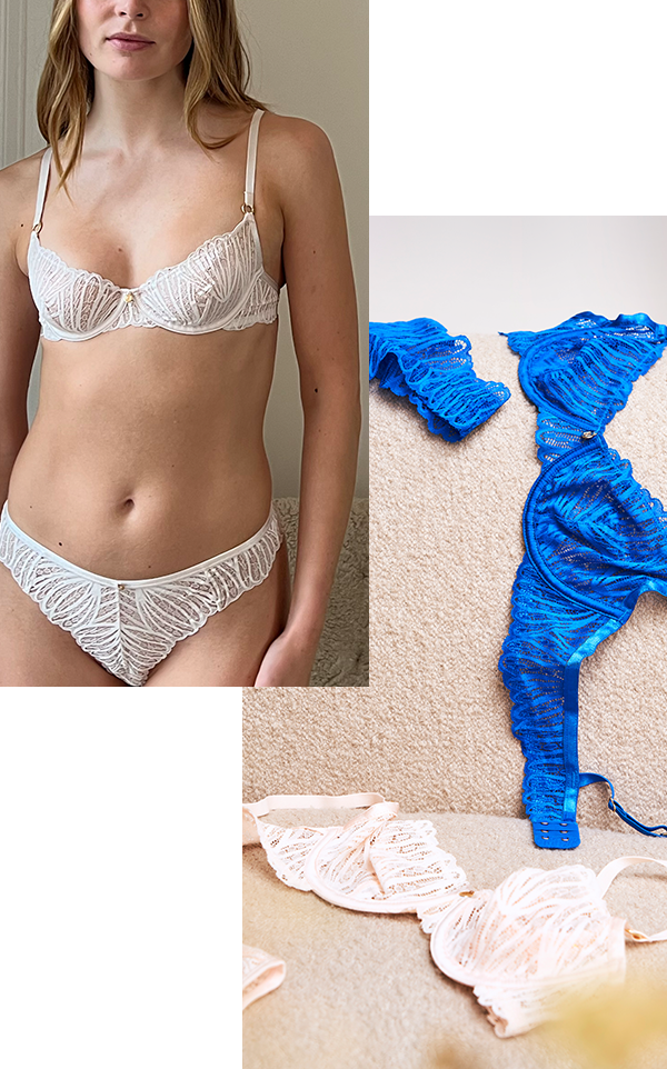 Presented in pearl pink, a key colour for the season, the Peyton set introduces low-rise, short-style briefs for fuller coverage and comfort. Featuring floral lace with symmetrical patterns that flow around the entire silhouette, premium satin bonded edging, signature Bluebella gold hardware to the bra and briefs. This style is perfect for those looking for added coverage without compromising style.