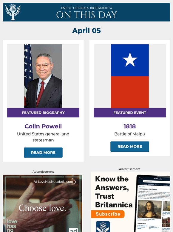 Battle of Maipú, Colin Powell is featured, and more from Britannica
