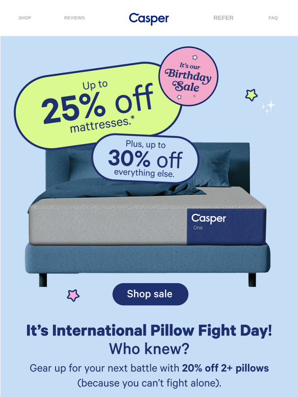20% off to celebrate Pillow Fight Day!