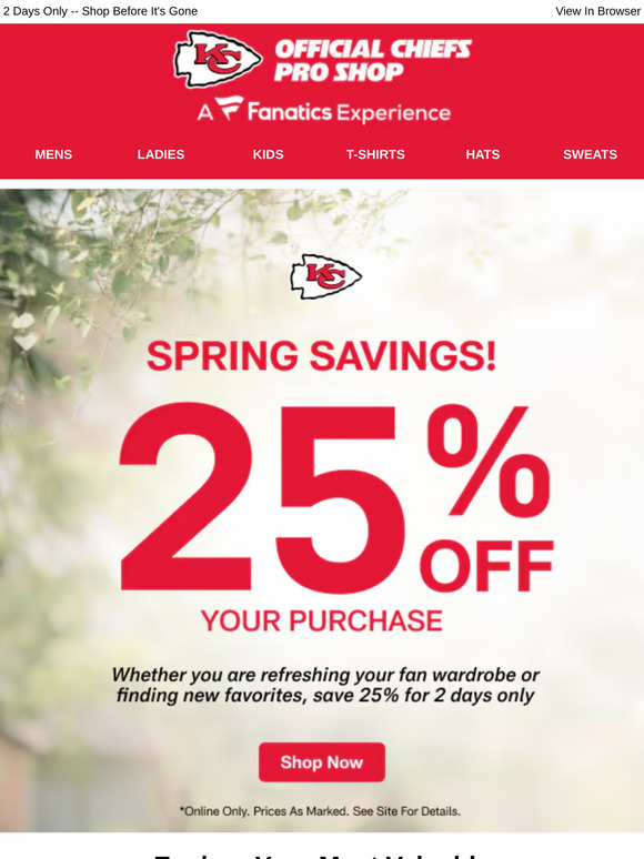 Spring Sale Blitz: 25% Off Chiefs Gear!